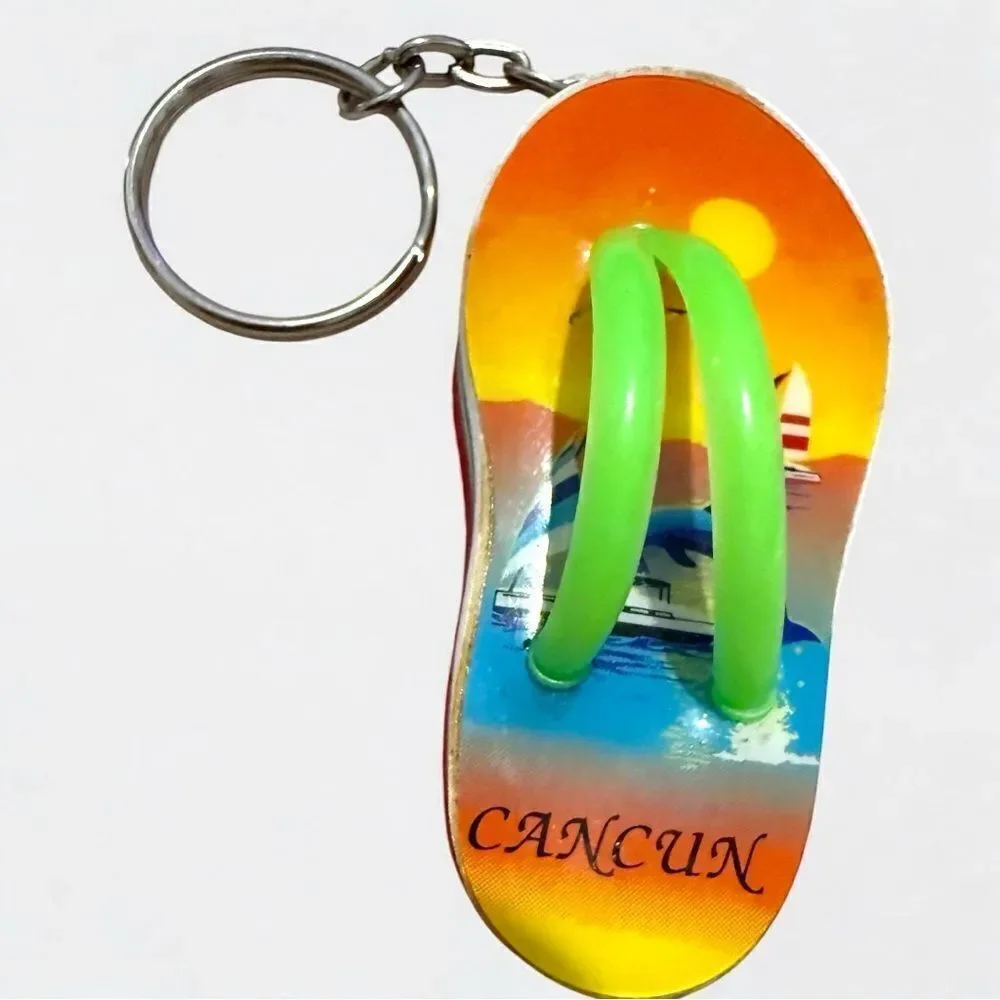 Colorful Flip-Flop Keychain Souvenir from Cancun with Green Straps